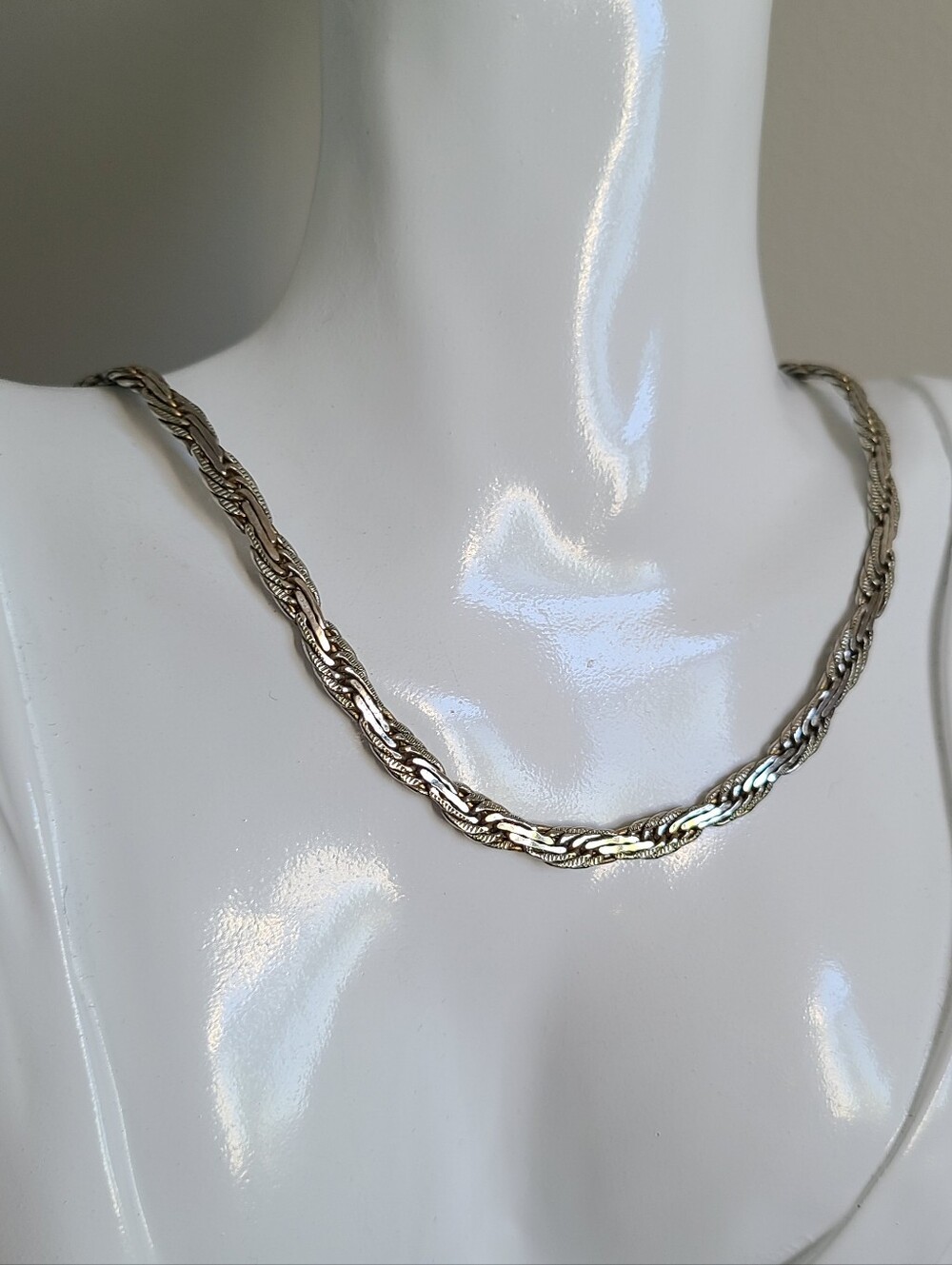 Vintage Style 19" Silver Tone Braided Flat Herringbone Chain Luxury Necklace